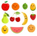 Cute fruit characters vector illustration, healthy juice cartoon kawaii summer fruits isolated on white background Royalty Free Stock Photo