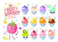 Cute fruit ice cream sorbet shaved ice cups funny characters set. Smiling cartoon happy face kids style collection.