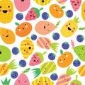 Cute fruit seamless vector pattern. Repeating Background smiling fruit in cartoon style. Funny kids Kawaii texture with fruit