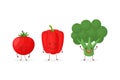 Cute fruit and vegetable cartoon characters isolated on white background vector illustration. Funny broccoli, tomato Royalty Free Stock Photo