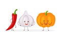 Cute fruit and vegetable cartoon characters isolated on white background vector illustration. Funny garlic, pumpkin. Royalty Free Stock Photo