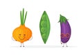 Cute fruit and vegetable cartoon characters isolated on white background vector illustration. Funny onion, pea Royalty Free Stock Photo