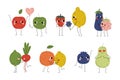 Cute fruit and vegetables characters couples set. Happy apple, strawberry, lemon, avocado, lime, orange, , blueberry Royalty Free Stock Photo