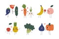 Cute fruit and vegetables characters couples set. Happy grape, cucumber, carlig, garlic, banana, pear, cherry, pineapple