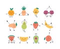 Cute fruits and berries in yoga pose. Apple, banana, pear and other fruits practicing yoga and meditates