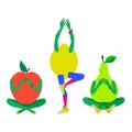 Cute fruits do yoga pose exercises. Healthy eating and fitness