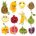 Cute fruits. Fruit funny characters, pineapple kiwi banana pear apple. Fresh natural healthy diet food vector cartoon Royalty Free Stock Photo