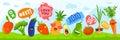 Cute fruits, vegetables, fanny food, colorful set smiling icons, happy cartoon characters, design flat style, vector Royalty Free Stock Photo