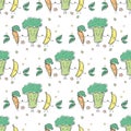 Cute fruits and vegetables hold on to handles. Texture with hand drawn natural foods. Seamless pattern with doodle products