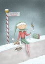 Cute full color hand drawn Christmas illustration of elf sitting on wall in snow at North Pole Express sign post, with teddy bear,