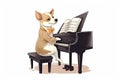 Cute full dressed dog playing on piano isolated on white, illustration