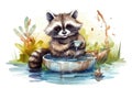 Cute full length happy raccoon washing food , , created with Generative AI technology