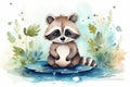 Cute full length happy raccoon washing food , created with Generative AI technology