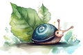 Cute full length happy snail on leaf in watercolor illustration, created with Generative AI technology Royalty Free Stock Photo