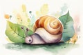 Cute full length happy snail on leaf in watercolor illustration, created with Generative AI technology Royalty Free Stock Photo