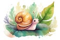 Cute full length happy snail on leaf in watercolor illustration, created with Generative AI technology Royalty Free Stock Photo