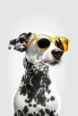 cute and fun dalmatian with yellow sunglasses in a white background. Generative AI