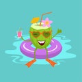 Cute fun green cartoon coconut on vacation swimming in float in the see