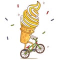 Cute and fun ice-cream cone rides a bicycle Royalty Free Stock Photo