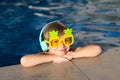 Cute fun kid face of little boy in funny sunglasses in pool in sunny day. Royalty Free Stock Photo
