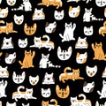 Cute fun seamless pattern of cats or kittens on black background. Vector illustration of pets, home animals. Can be used for