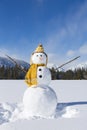 Cute fun snowman with knit hat and scarf in winter landscape snow scene with mountains and blue sky Royalty Free Stock Photo