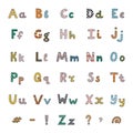 Cute funky alphabet set with contrast outline and memphis. Patterned bold font with comma, question, exclamation