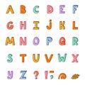 Cute funky 3d alphabet set with outline. Bold font with shadow. Funny latin ABC with uppercase letters, punctuation Royalty Free Stock Photo