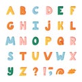 Cute funky 3d alphabet set with volume. Bold font with shadow. Funny latin ABC with uppercase letters and punctuation Royalty Free Stock Photo