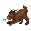 Cute funny angry brown billy goat about to charge in naive style vector clipart. Alpine baby goat with horns. Kawaii funny farm Royalty Free Stock Photo