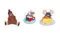 Cute funny animals characters in different actions, bear skating, mouse bathing in the cup, mouse eating a big piece of