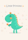 Cute funny dinosaur with crown and magic wand. Flat vector illustration for kids fashion Royalty Free Stock Photo