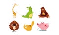 Cute funny animals set, giraffe, crocodile, bear, sheep, cat, pig vector Illustration