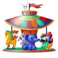 Cute funny animated animals ride the carousel isolated on white background. Merry-go-round. Vector cartoon close-up Royalty Free Stock Photo