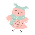 Cute funny arrogant owl in a scarf. Forest bird cartoon character.