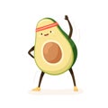 Cute and funny avocado doing fitness or sports exercises. Happy comic fruit in retro sweatband working out. Colored flat