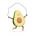 Cute and funny avocado with jump rope. Happy comic fruit doing sport and working out. Colored flat cartoon vector