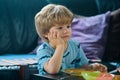 Cute funny babies eating, kids food, Kid boy eating healthy food. Royalty Free Stock Photo