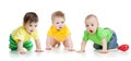 Cute funny babies weared clothes crawling isolated on white Royalty Free Stock Photo