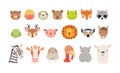 Cute funny baby animals faces illustrations set. Royalty Free Stock Photo