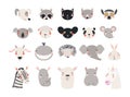 Cute funny baby animals faces illustrations set. Royalty Free Stock Photo