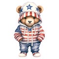 Cute Funny Baby Bear Wearing American Flag Clipart Illustration AI Generative Royalty Free Stock Photo