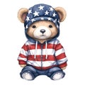 Cute Funny Baby Bear Wearing American Flag Clipart Illustration AI Generative Royalty Free Stock Photo