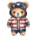 Cute Funny Baby Bear Wearing American Flag Clipart Illustration AI Generative Royalty Free Stock Photo