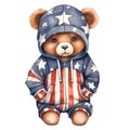 Cute Funny Baby Bear Wearing American Flag Clipart Illustration AI Generative Royalty Free Stock Photo