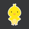 Cute funny baby chicken sticker. Adorable animal character for design of album, scrapbook, card, poster, invitation. Flat cartoon