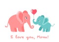 Cute funny baby elephant gives mother a heart. greeting card. Mother`s Day holiday concept. flat vector illustration isolated Royalty Free Stock Photo