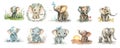 Cute funny baby elephants with flowers and hearts smile and play. Watercolor clipart