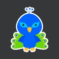 Cute funny baby peacock sticker. Adorable bird character for design of album, scrapbook, card, poster, invitation. Flat cartoon