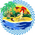 Banana Cartoon Character Relax on Summer Tropical Beach with Coconut Water Drink Vector Illustration